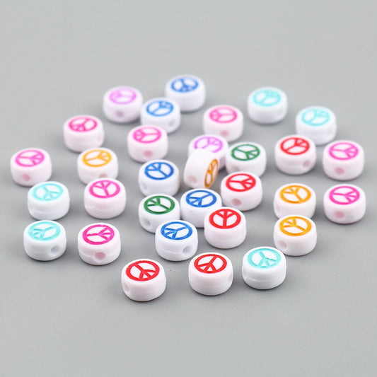 White Flat Round Acrylic Multicolored Peace Sign Beads (7mm x 4mm)