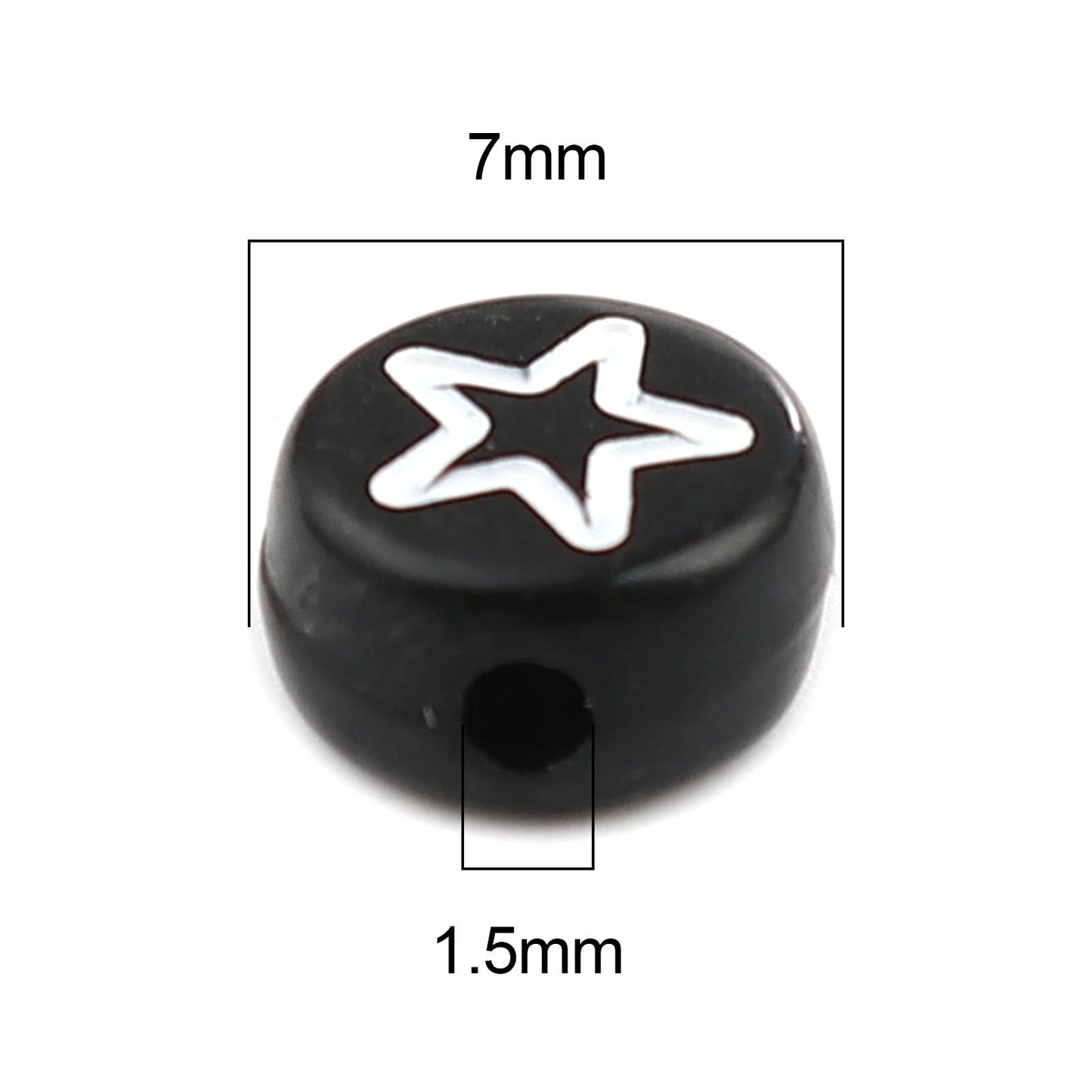 7MM Black Flat Round Acrylic with White Flower, Star, Moon, and Heart Beads