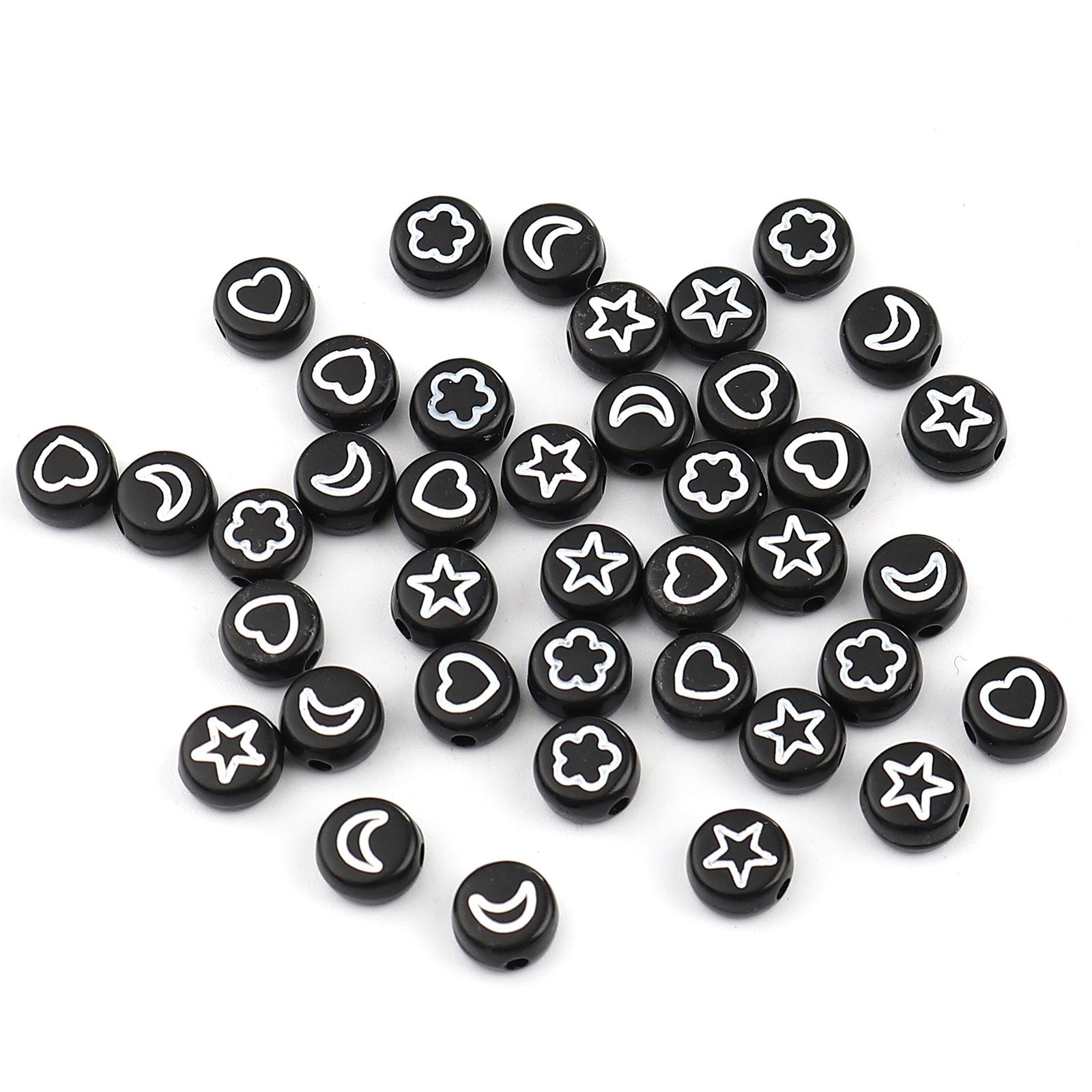 7MM Black Flat Round Acrylic with White Flower, Star, Moon, and Heart Beads