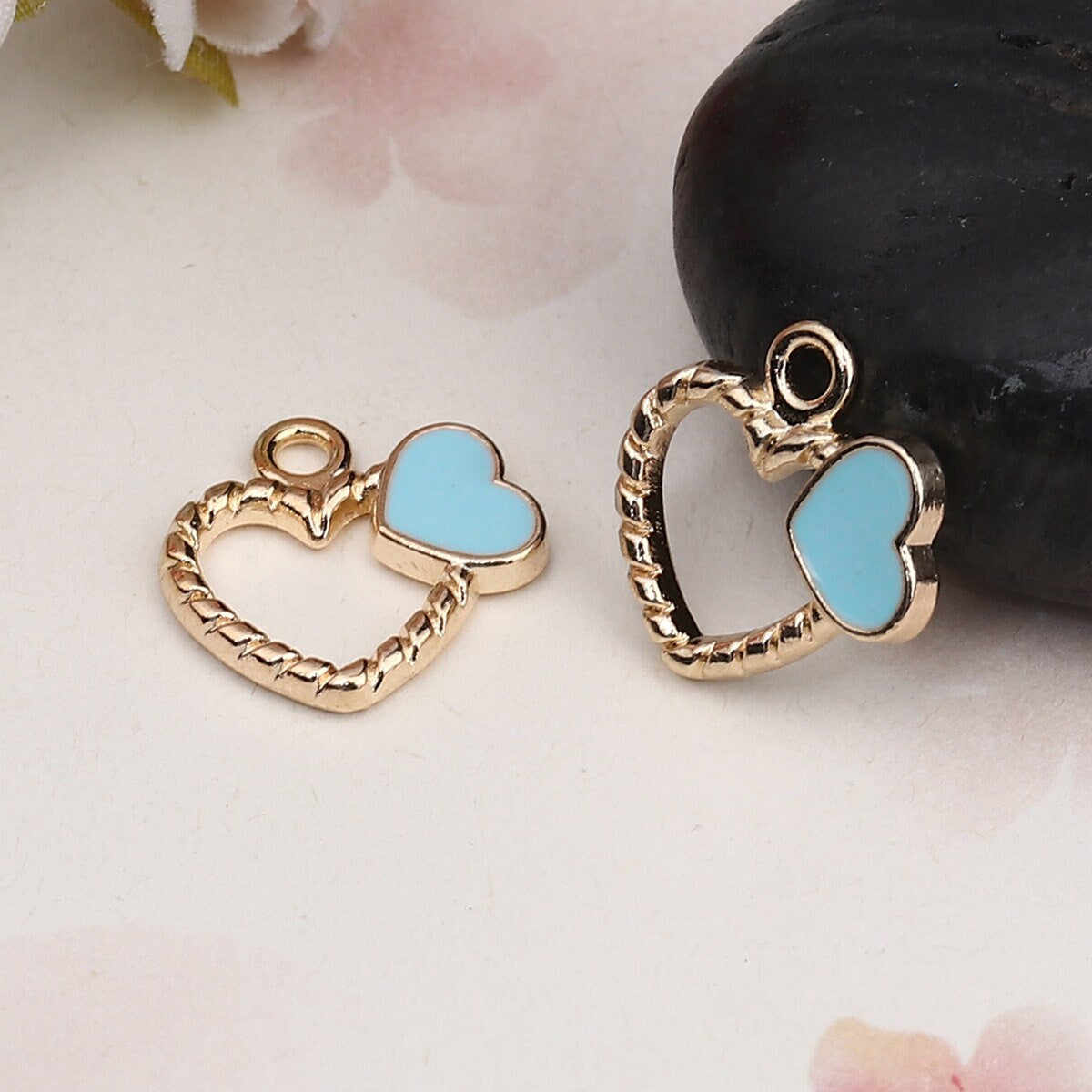 Striped Double Heart Enamel Zinc Alloy Charm (18mm x 18mm, Hole: 2mm)