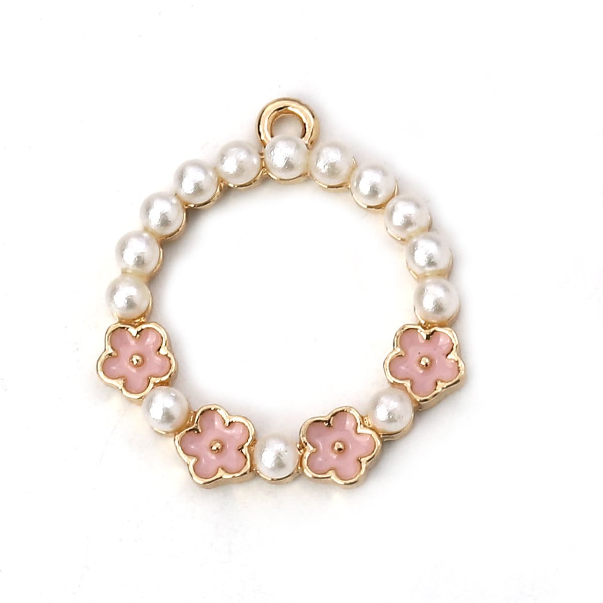 5pc Circle Ring with Pearls and Flowers Enamel Charm (22mm x20mm, Hole: 1.3mm)