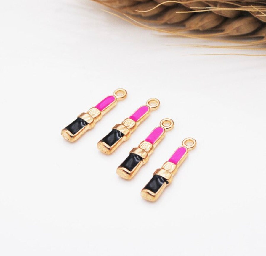 Pink Red Lipstick Enamel Charm Oil Drop Style Zinc Alloy Pendant (3mm x 19mm)