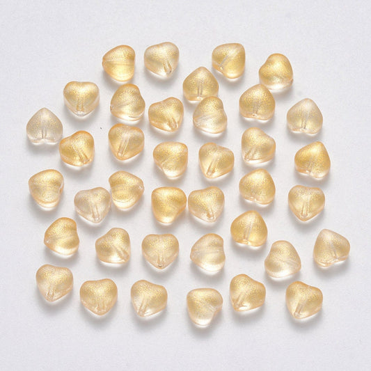 Cute Spray Painted Gold Colored Glass Heart Beads (6mm x 6mm x 4mm) B03