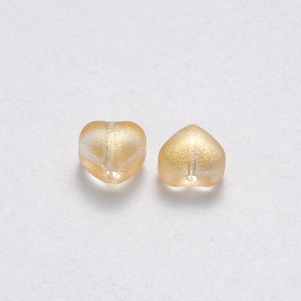 Cute Spray Painted Gold Colored Glass Heart Beads (6mm x 6mm x 4mm) B03