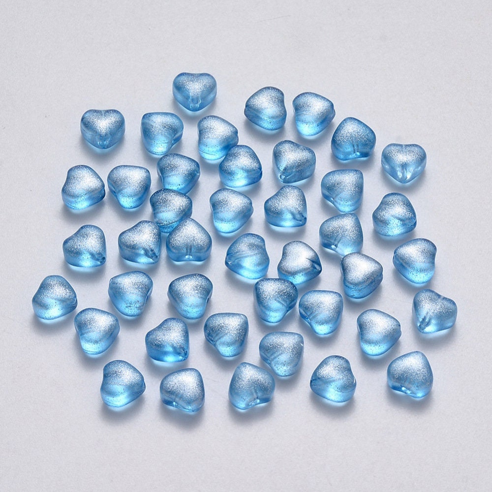 Cute Spray Painted Deep Sky Blue Colored Glass Heart Beads (6mm x 6mm x 4mm) B02