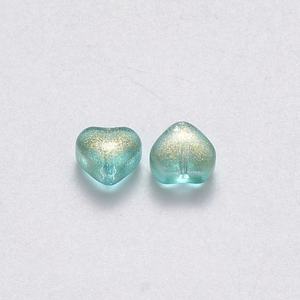 Cute Spray Painted Sea Green Colored Glass Heart Beads (6mm x 6mm x 4mm) B05