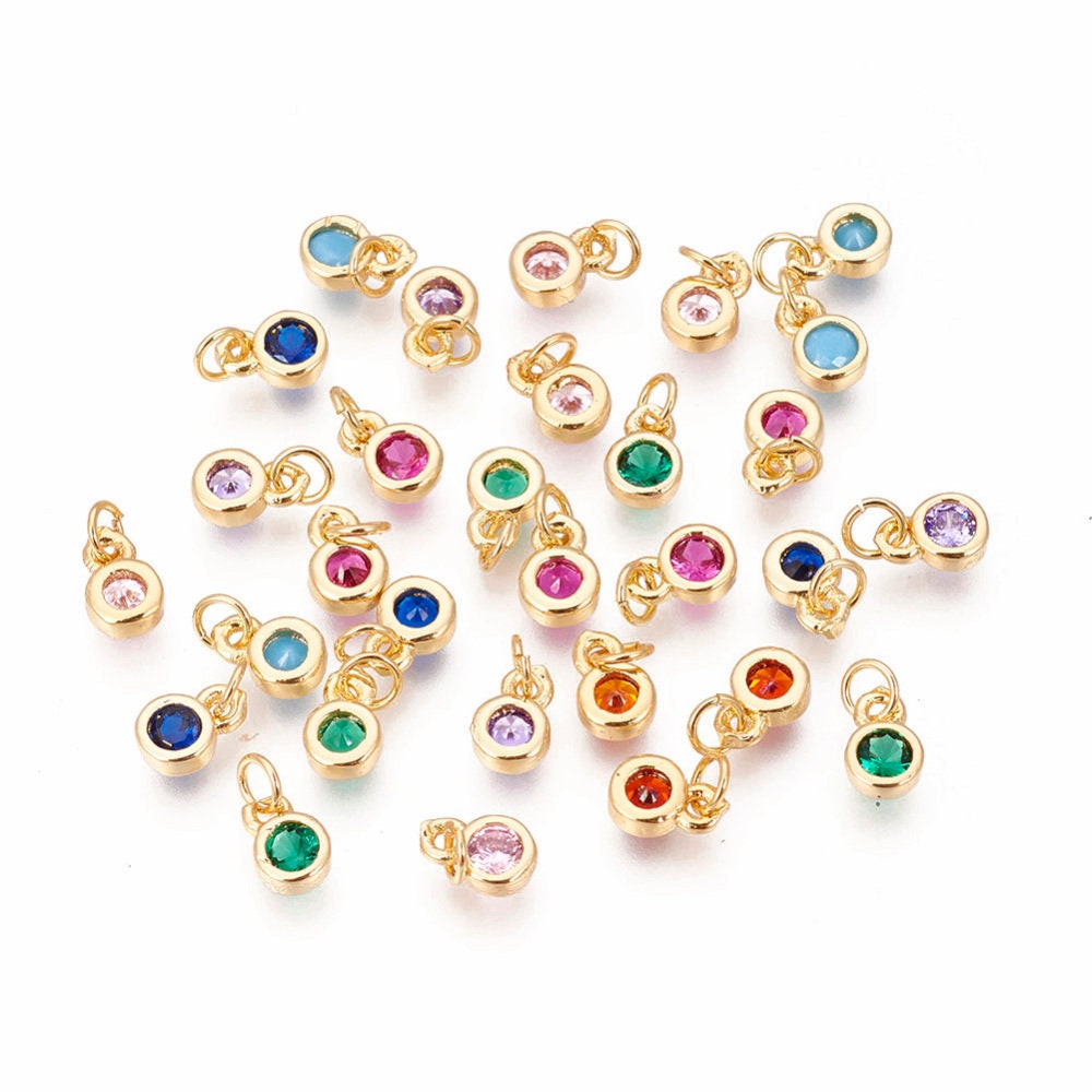 Tiny Brass Cubic Zirconia Charms, Flat Round, Golden, Mixed Color, 6.5x4.5x2mm, Hole: 2.5mm~3mm)