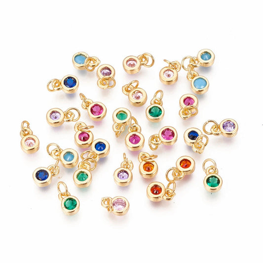 Tiny Brass Cubic Zirconia Charms, Flat Round, Golden, Mixed Color, 6.5x4.5x2mm, Hole: 2.5mm~3mm)