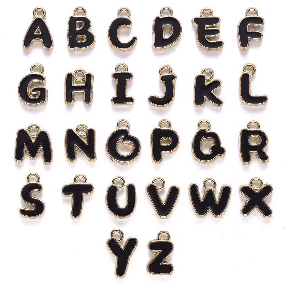 Black Metal Letter Charms Individual or Set (11mm x 6.5mm x 2mm; Hole: 1.5mm)