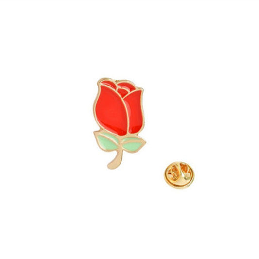 Red Rose Stem Flower Themed Print Enamel Pin (20mm x 11mm)