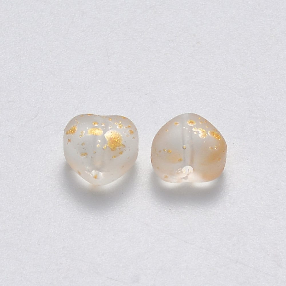 Cute Spray Painted Clear Colored Glass Heart Beads with Gold Colored Flakes (6mm x 6mm x 4mm) E01-H