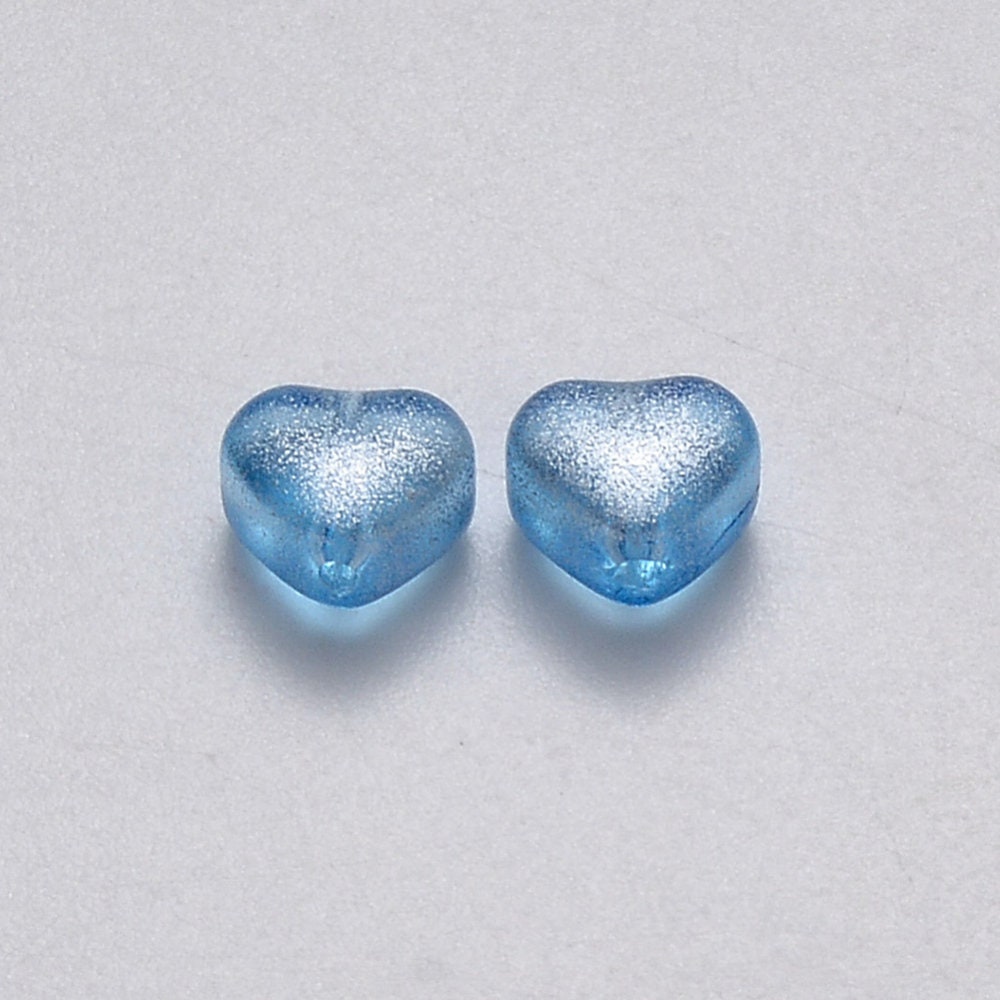 Cute Spray Painted Deep Sky Blue Colored Glass Heart Beads (6mm x 6mm x 4mm) B02