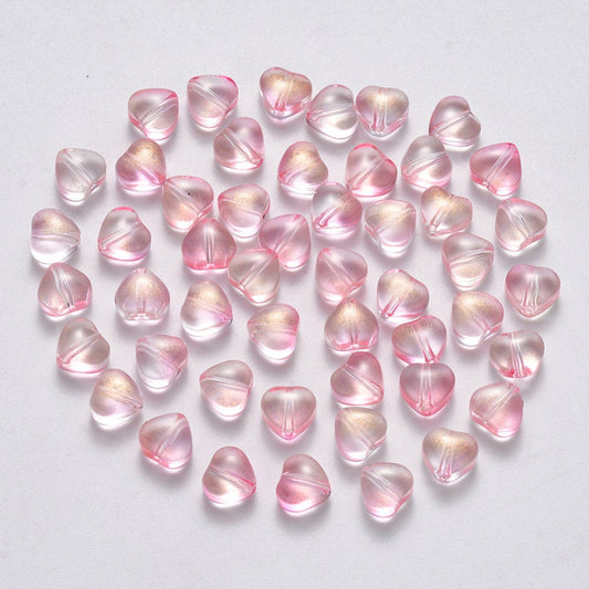 Cute Spray Painted Pearl Pink Colored Glass Heart Beads (6mm x 6mm x 4mm) B04