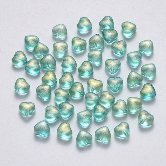 Cute Spray Painted Sea Green Colored Glass Heart Beads (6mm x 6mm x 4mm) B05