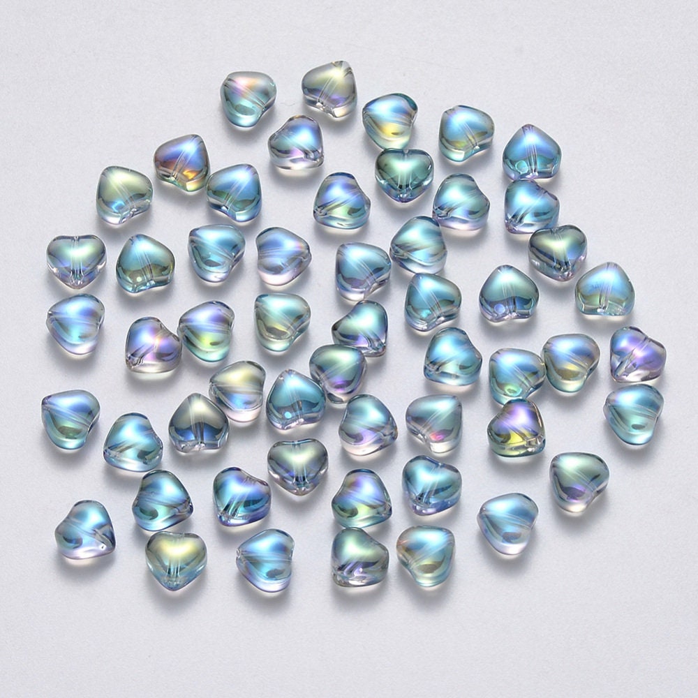 Cute Spray Painted AB Light Sea Green Colored Glass Heart Beads (6mm x 6mm x 4mm) D01-H