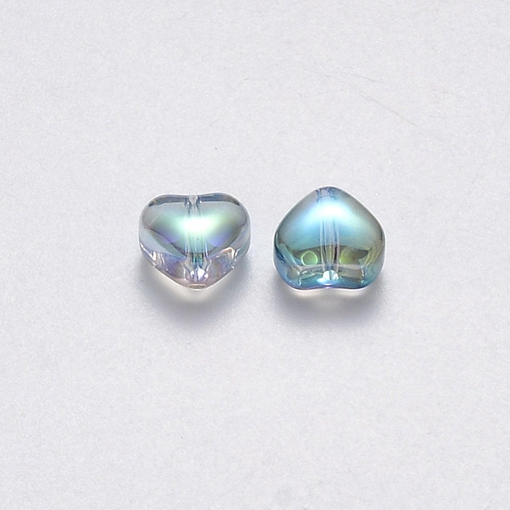 Cute Spray Painted AB Light Sea Green Colored Glass Heart Beads (6mm x 6mm x 4mm) D01-H