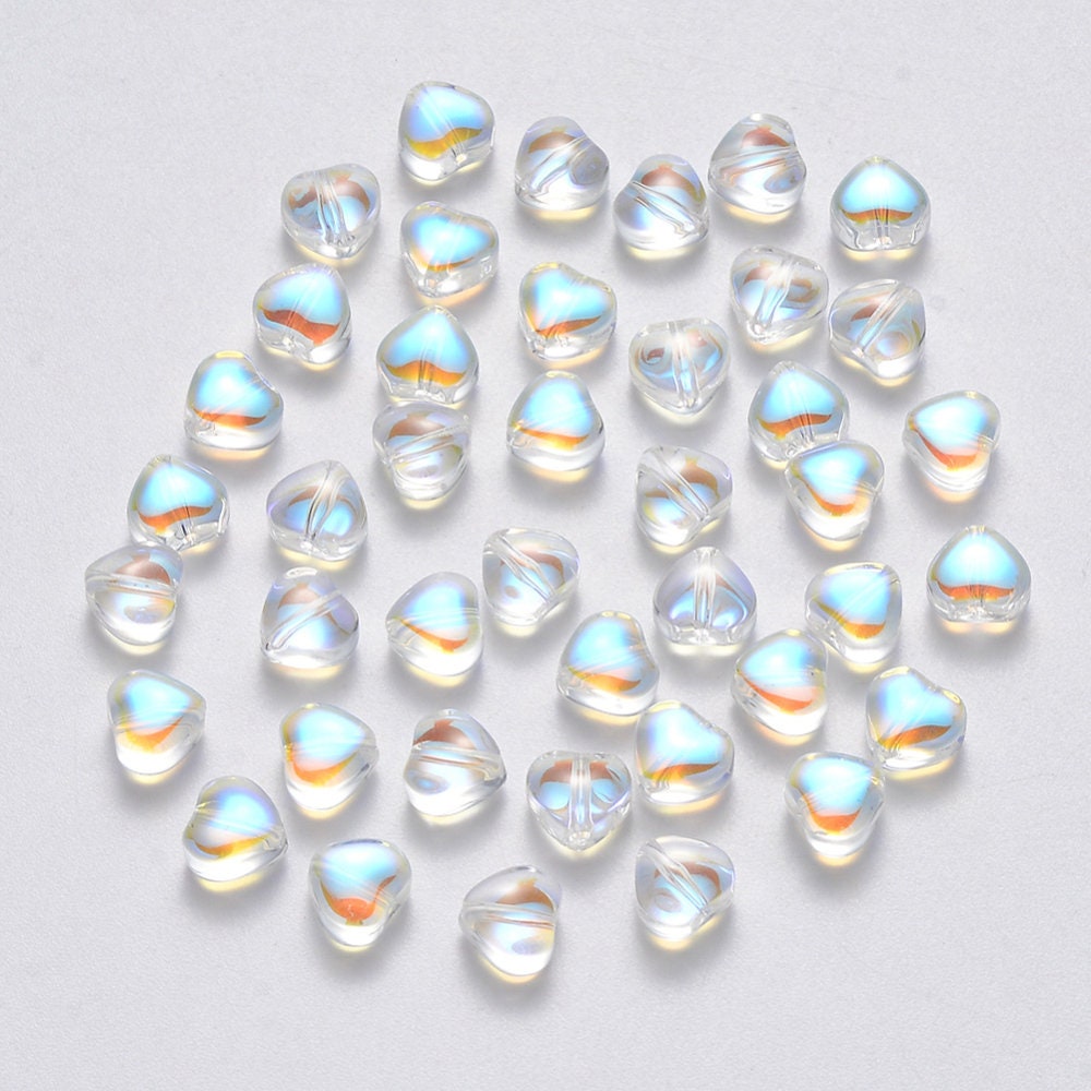 Cute Spray Painted Clear AB Colored Glass Heart Beads (6mm x 6mm x 4mm) D02-H