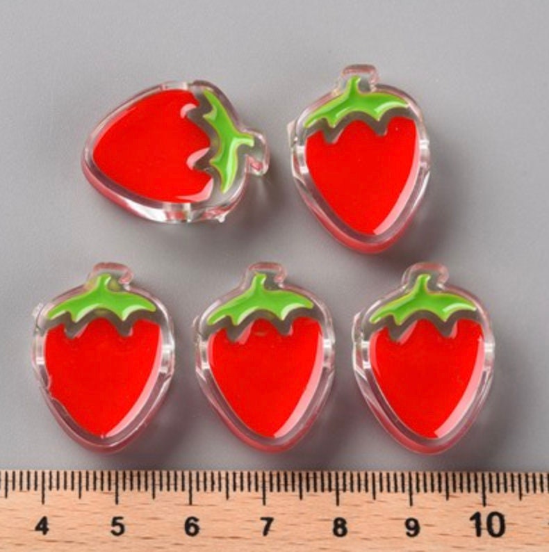 Transparent Red, Pink, Light Red Strawberry Enamel Bead (25.5mm x 19mm x 19mm; 3.5mm hole)