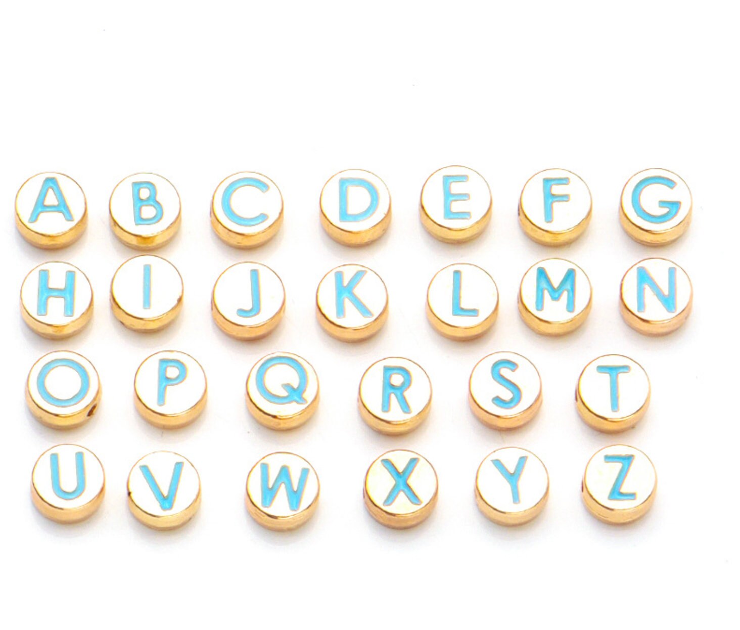 Light Blue Metal Round Letters Beads (8x3.5mm), Round Letter Charms Enamel Charms Letter Pendant