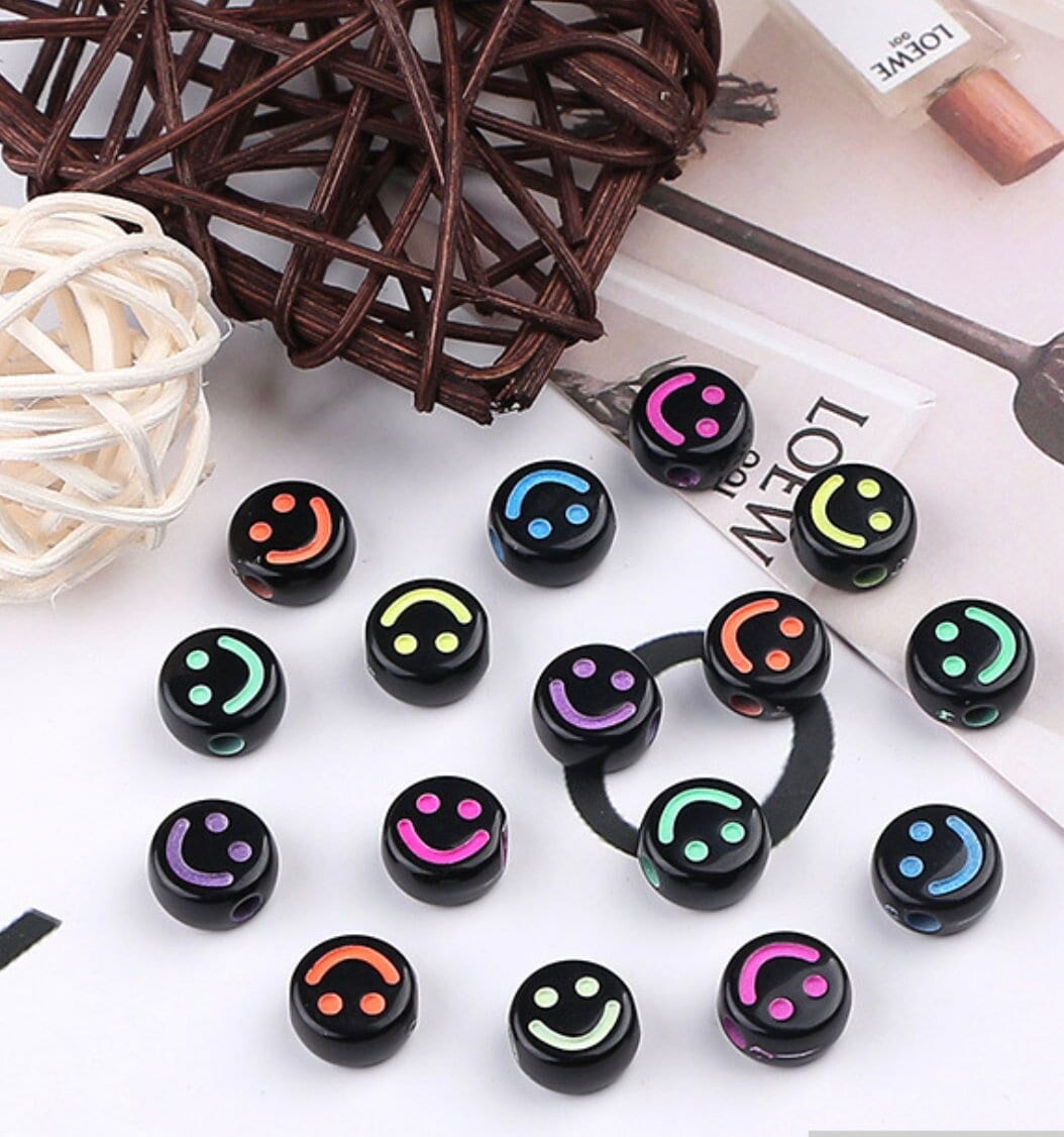 Black Flat Round Acrylic with Colorful Smiley Face Beads (4mm x 7mm)