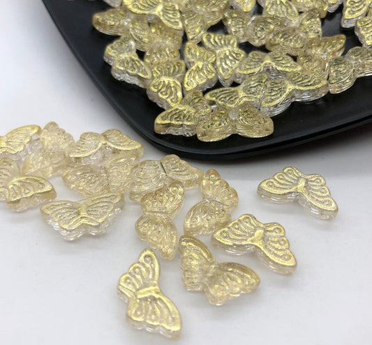 Yellow Gold Butterfly Spray Painted Speckled Colored Glass Beads (8x15x4.5mm, Hole: 1mm)