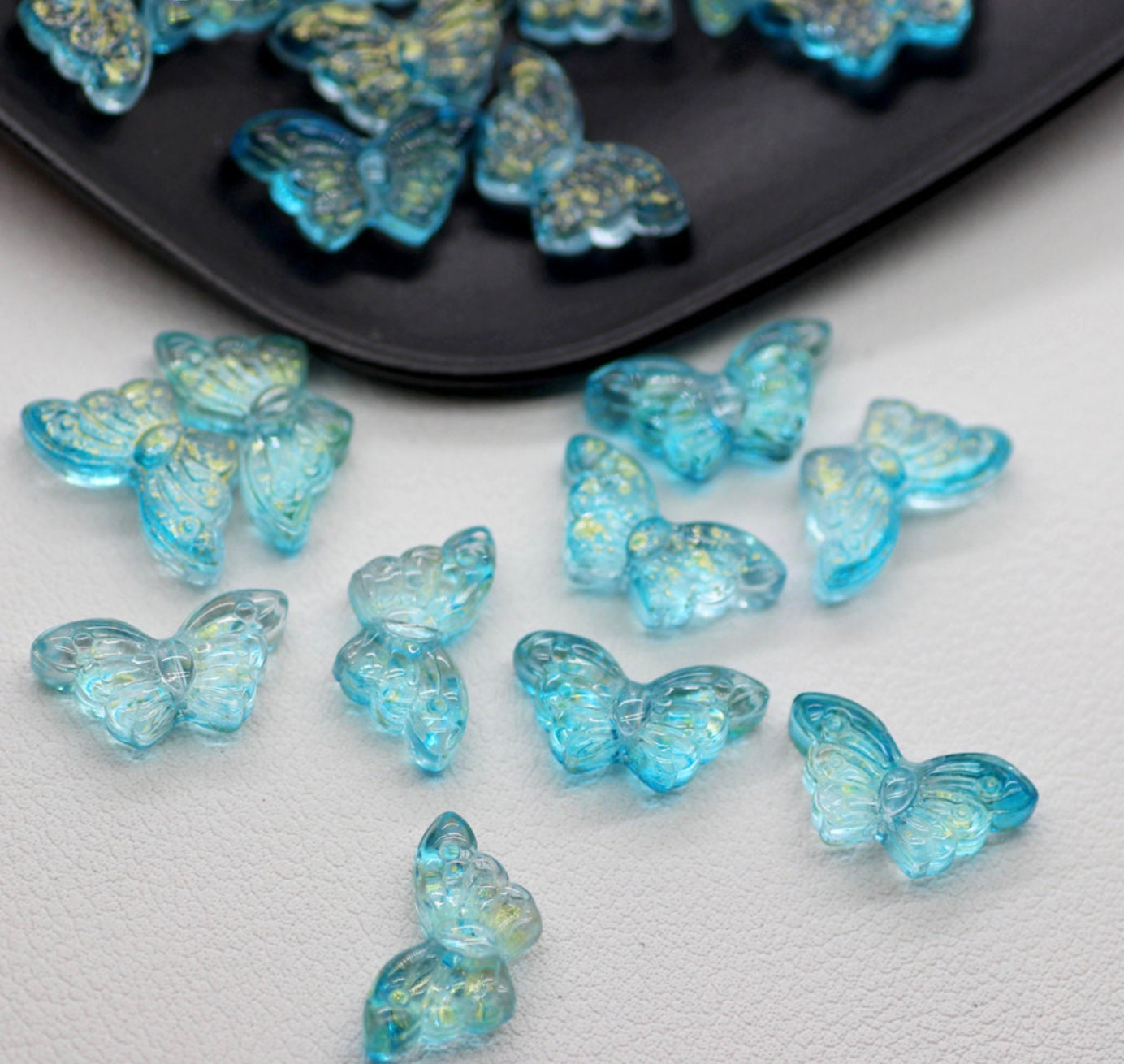 Light Blue w/Gold Specks Butterfly Spray Painted Colored Glass Beads (8x15x4.5mm, Hole: 1mm)