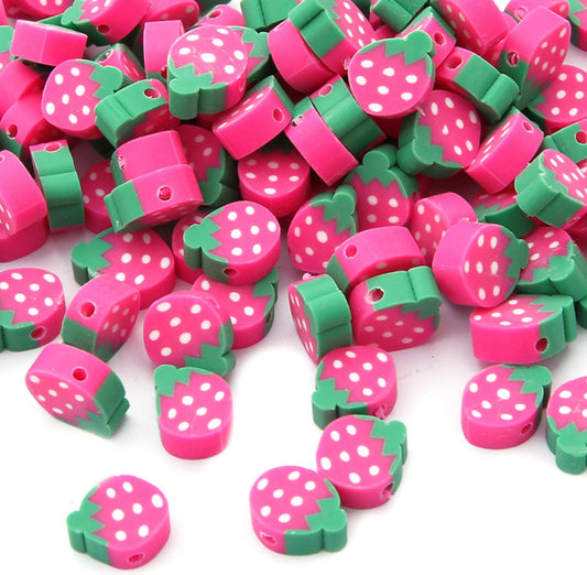 12MM Pink Strawberry Fruit Themed Polymer Clay Beads (12mm x 10mm, Hole: 1.6mm)