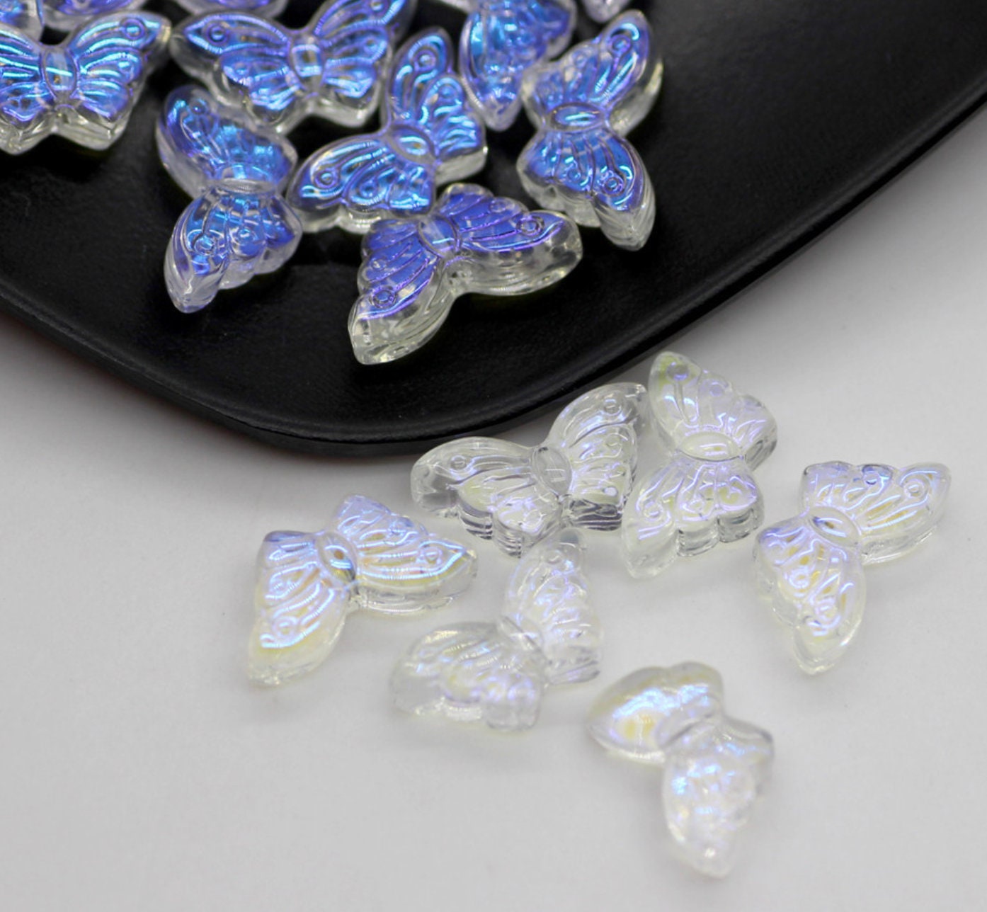 Clear Blue AB Butterfly Spray Painted Speckled Colored Glass Beads (8x15x4.5mm, Hole: 1mm)