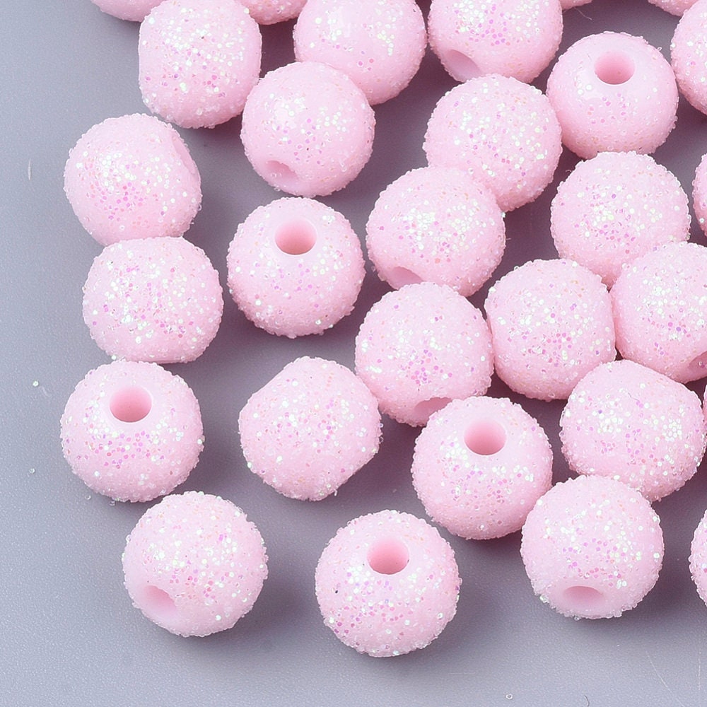 8.5MM Pastel Pink Acrylic Glitter Round Spacer Beads