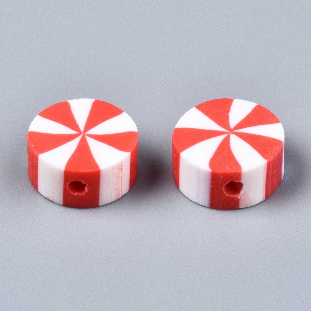 10MM Red and White Peppermint Themed Polymer Clay Beads