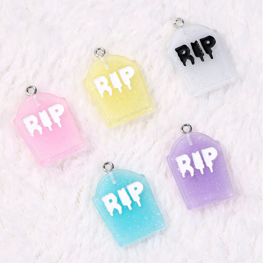 Cute Pastel Glitter RIP Tombstone Resin Charm with Eye Pin (25mm x 20mm)