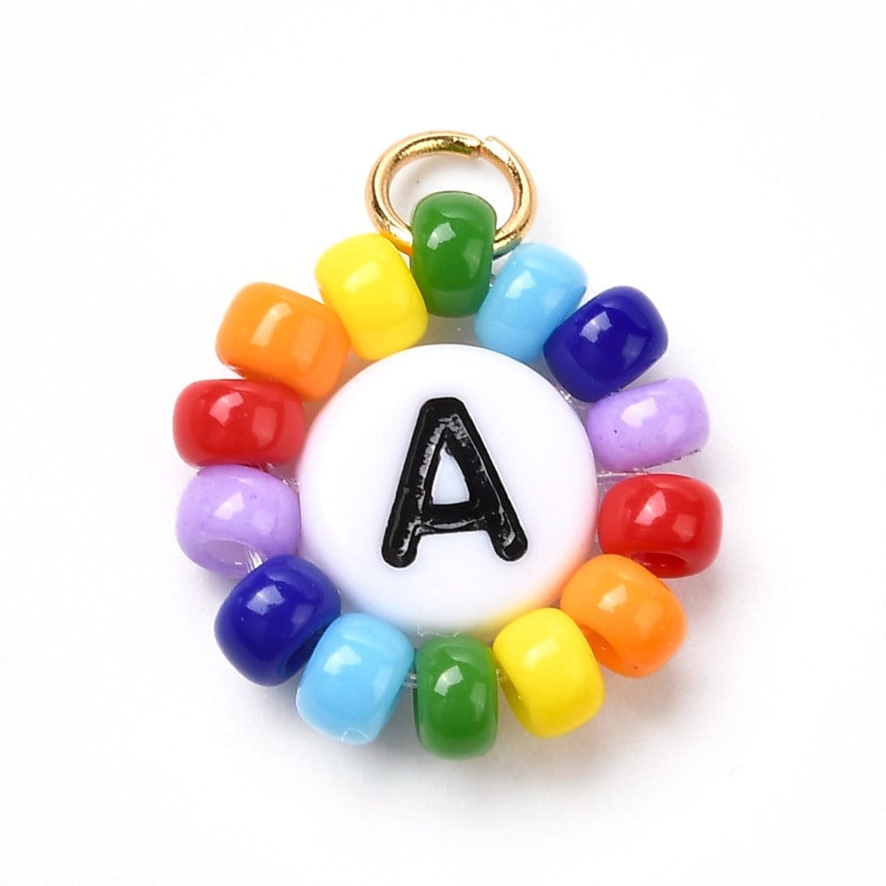 Individual Letter Flat Round Charm with Glass Bead Ring (15.5MM)