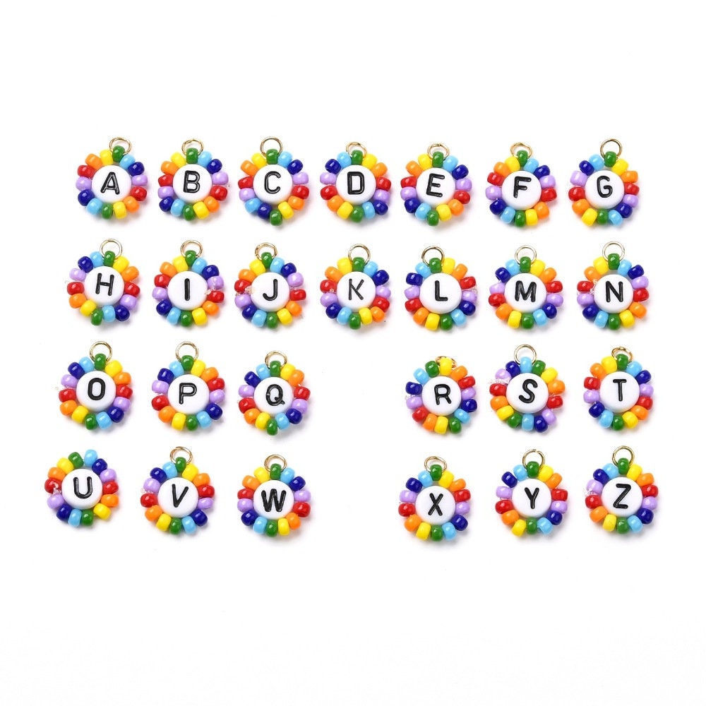 Individual Letter Flat Round Charm with Glass Bead Ring (15.5MM)