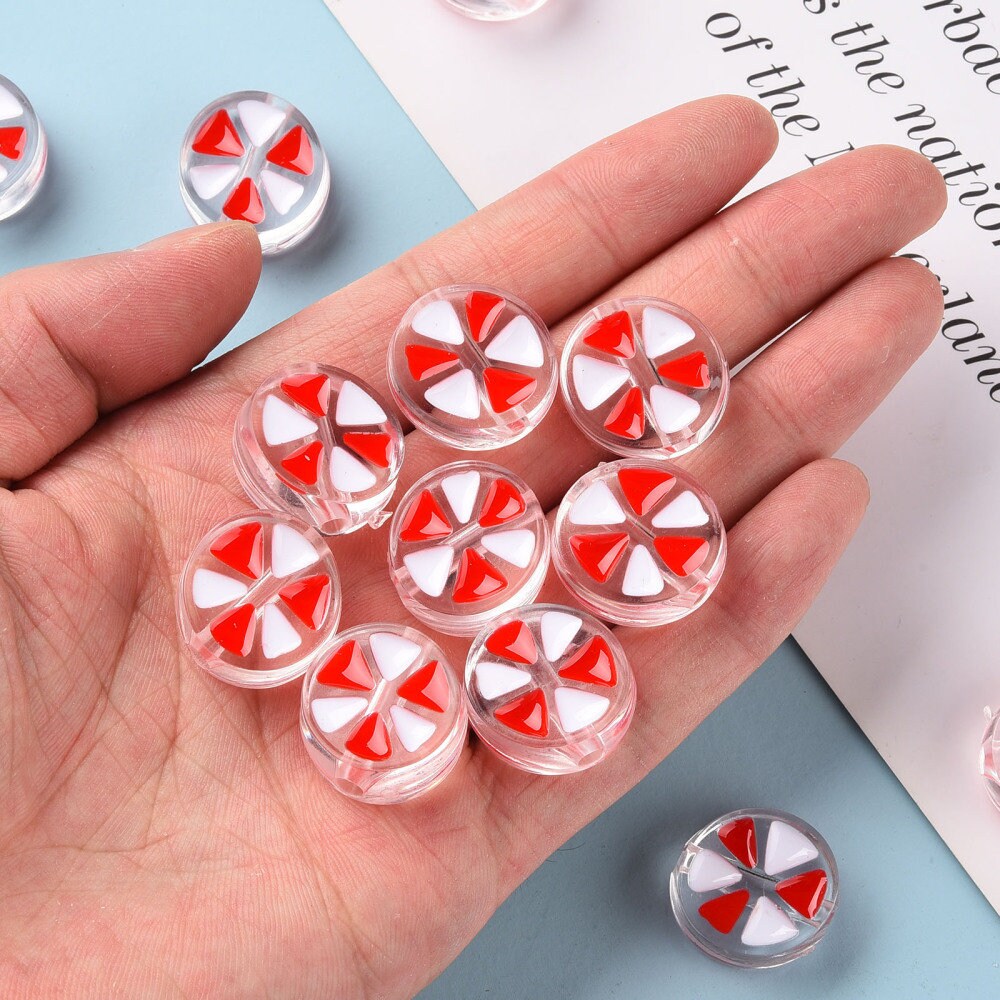 Transparent Red and White Peppermint Enamel Acrylic Bead (20mm x 9mm; 3.5mm hole)