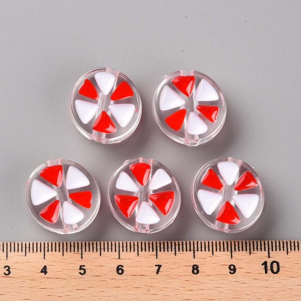 Transparent Red and White Peppermint Enamel Acrylic Bead (20mm x 9mm; 3.5mm hole)