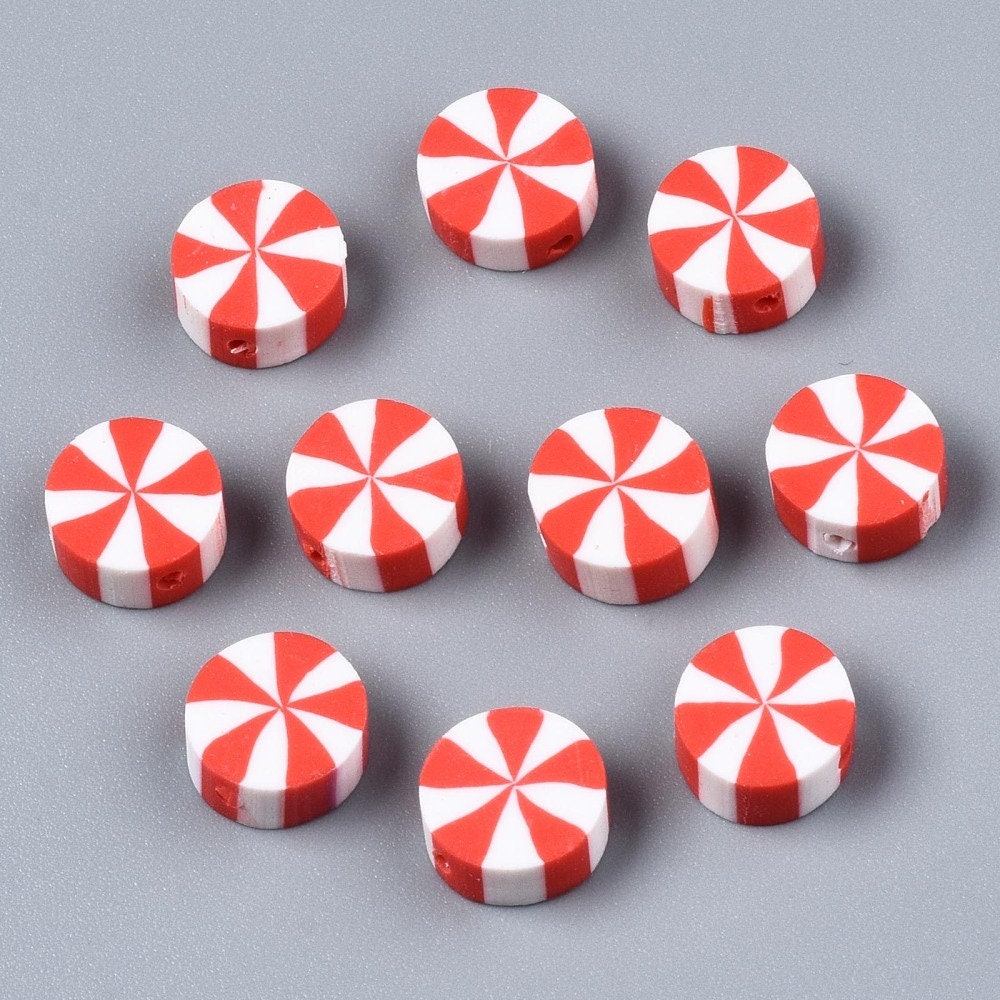 10MM Red and White Peppermint Themed Polymer Clay Beads