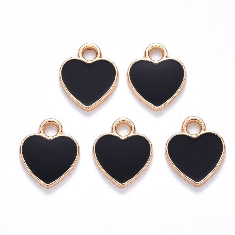 12MM Gold Plated Enamel Heart Charms (Pink, White, Red, Black, Blue, Yellow, Mint, Turquoise,)