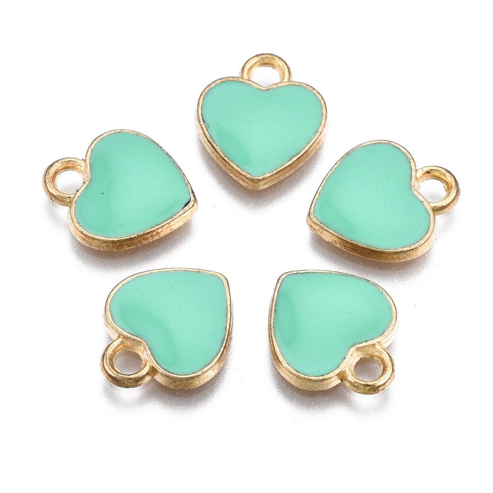 12MM Gold Plated Enamel Heart Charms (Pink, White, Red, Black, Blue, Yellow, Mint, Turquoise,)