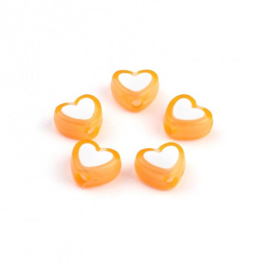 8MM Orange Acrylic Heart with White Middle Spacer Beads with Vertical Hole