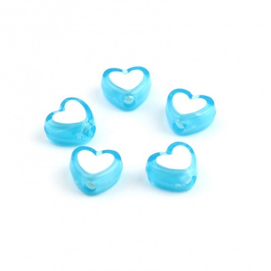 8MM Light Blue Acrylic Heart with White Middle Spacer Beads with Vertical Hole