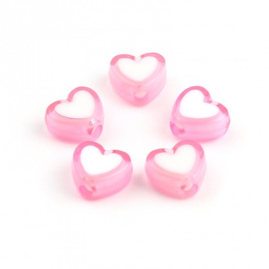 8MM Light Pink Acrylic Heart with White Middle Spacer Beads with Vertical Hole