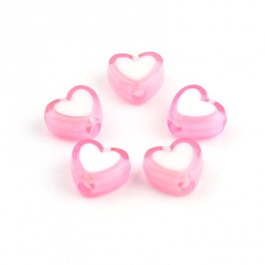 8MM Light Pink Acrylic Heart with White Middle Spacer Beads with Vertical Hole