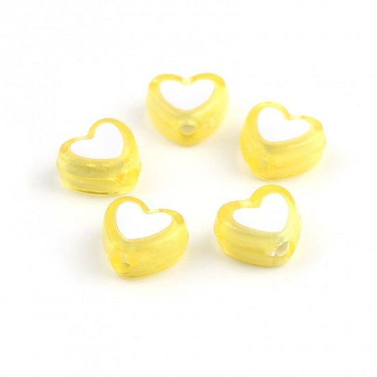 8MM Yellow Acrylic Heart with White Middle Spacer Beads with Vertical Hole