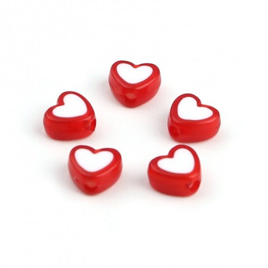 8MM Red Acrylic Heart with White Middle Spacer Beads with Vertical Hole