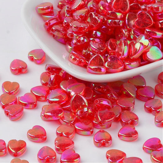 8MM AB Red Transparent Acrylic Heart Spacer Beads with Vertical Hole