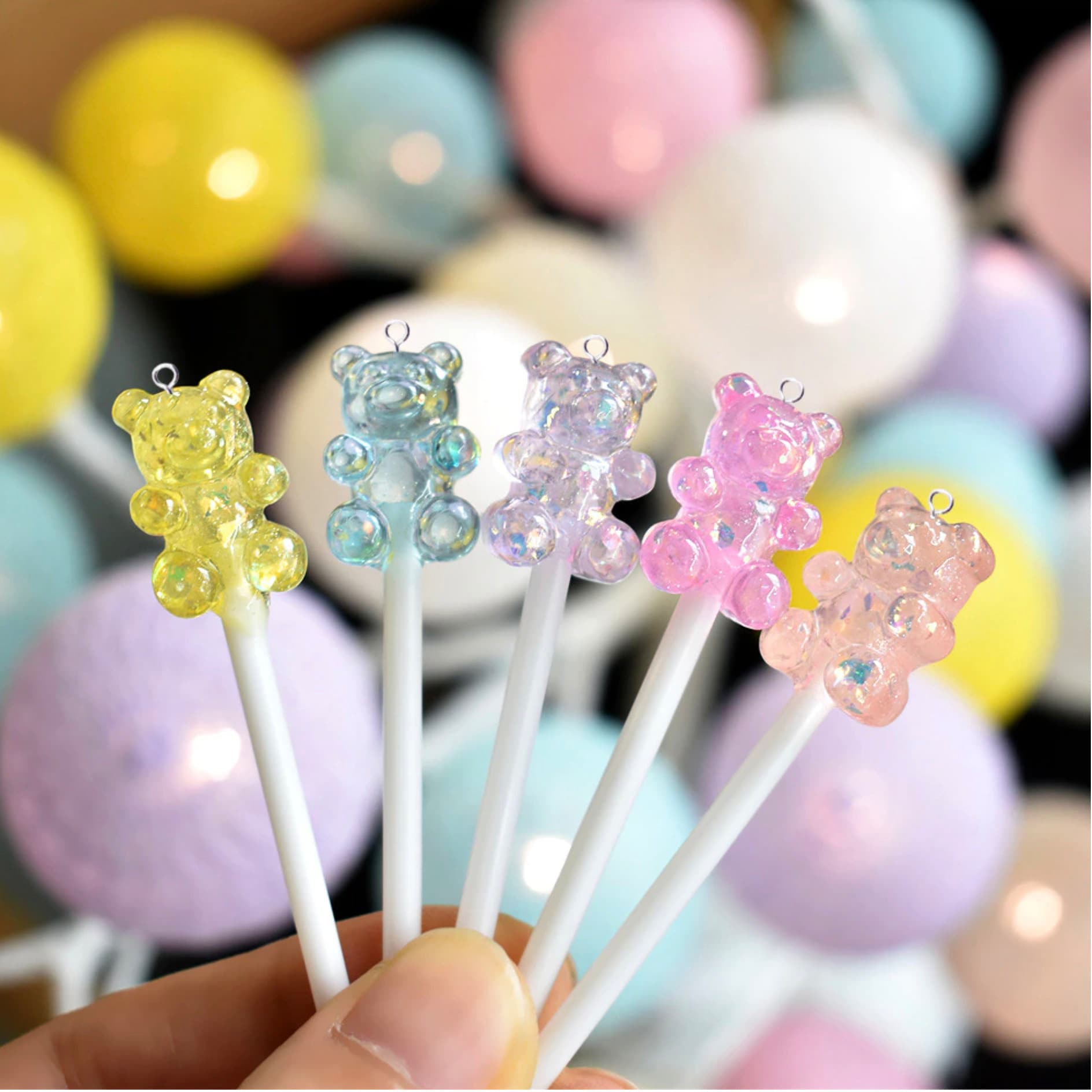 Pastel Colorful Glitter Gummy Bear Lollipop Charm with Eye Pin Charm (60mm x 12mm x 7mm)