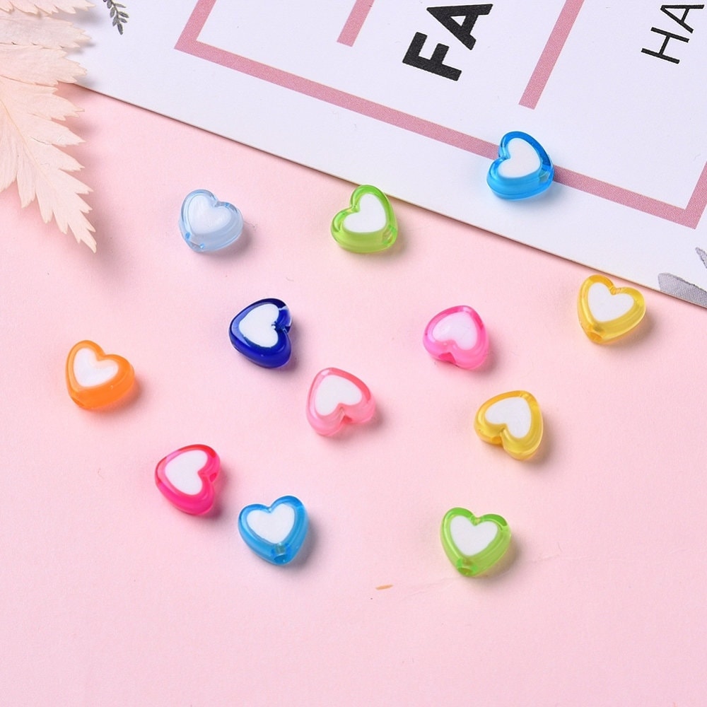 8MM Mixed Color with White Acrylic Heart DIY Spacer Beads with Vertical Hole