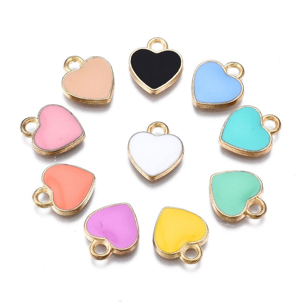 12MM Gold Plated Enamel Heart Charms (Pink, White, Red, Black, Blue, Yellow, Mint, Turquoise,)