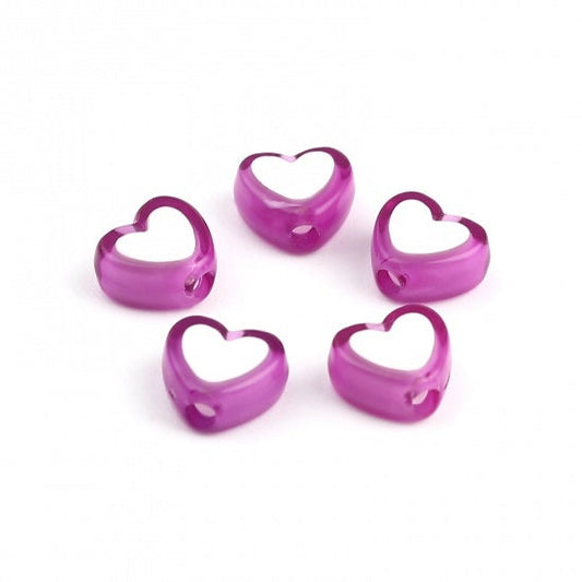 8MM Purple Acrylic Heart with White Middle Spacer Beads with Vertical Hole