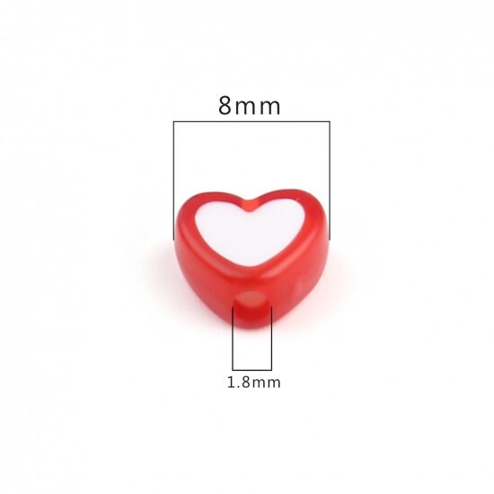 8MM Red Acrylic Heart with White Middle Spacer Beads with Vertical Hole